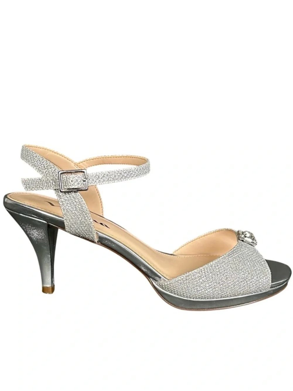 Nina Najia Silver Glitter Ankle Strap Heeled Sandals 7.5W Crystal Buckle Formal‎